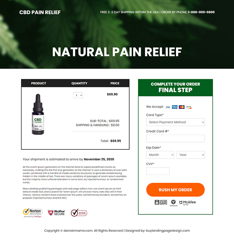 natural pain relief supplement selling responsive landing page design