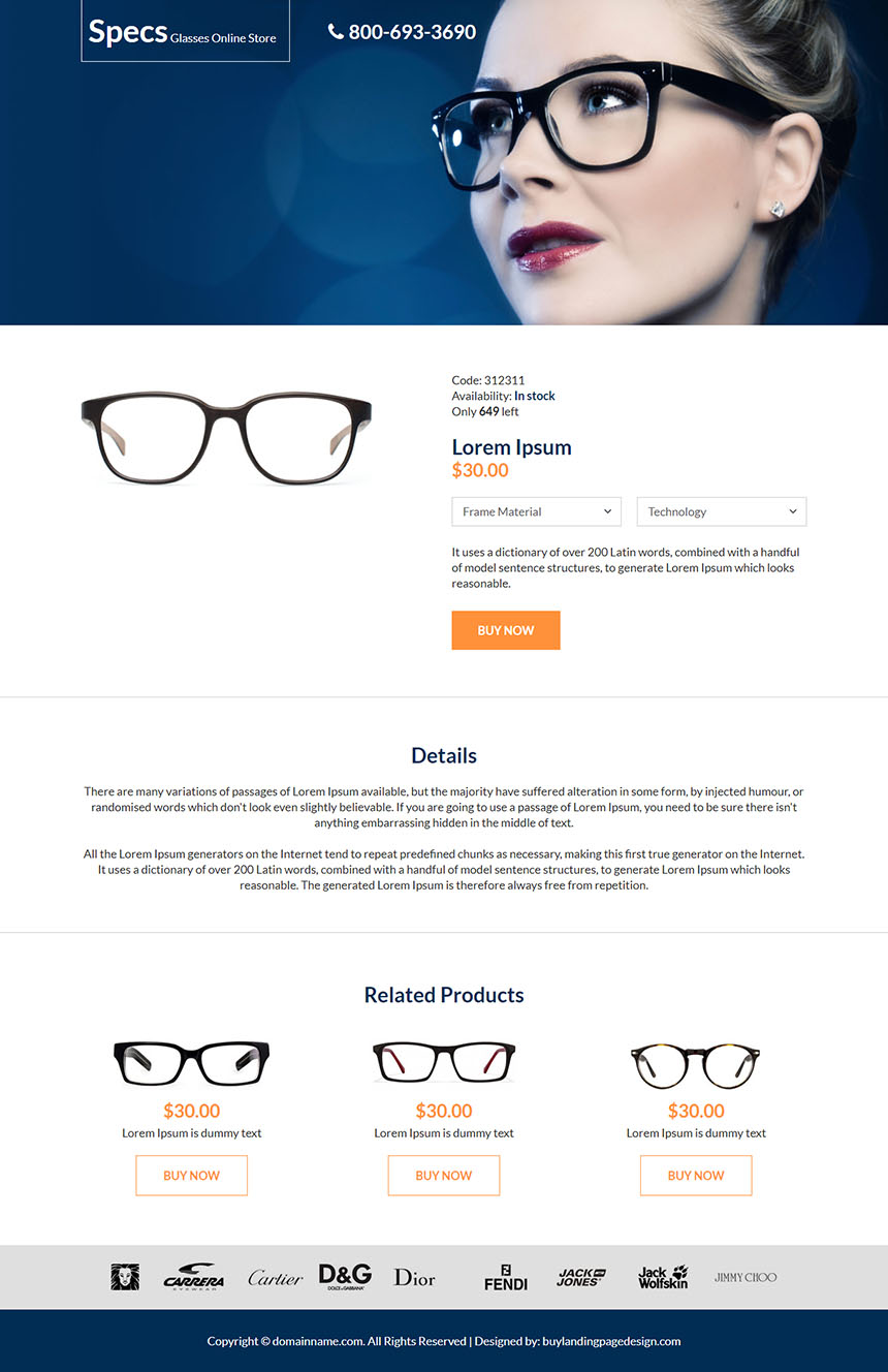 eye glasses online store responsive landing page design