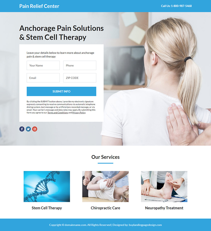 pain relief center lead funnel responsive landing page