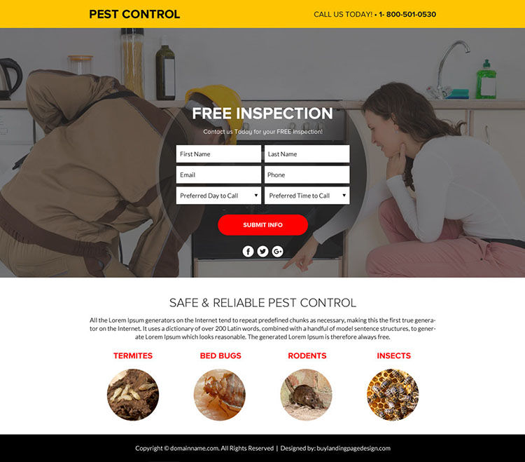 pest control service lead funnel responsive landing page design