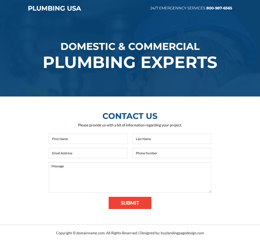 domestic and commercial plumbing experts landing page