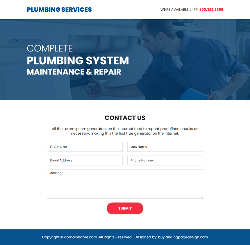 plumbing maintenance and repair service lead capture landing page