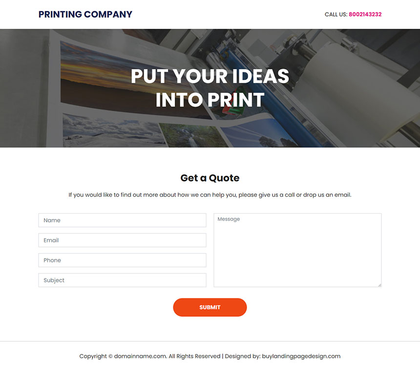 printing services lead capture responsive landing page