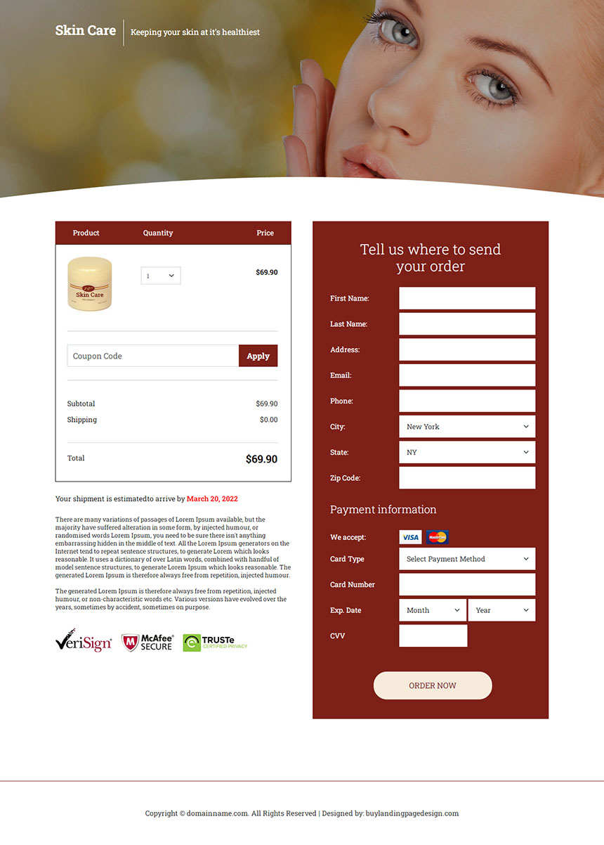 skin care product ecommerce responsive landing page