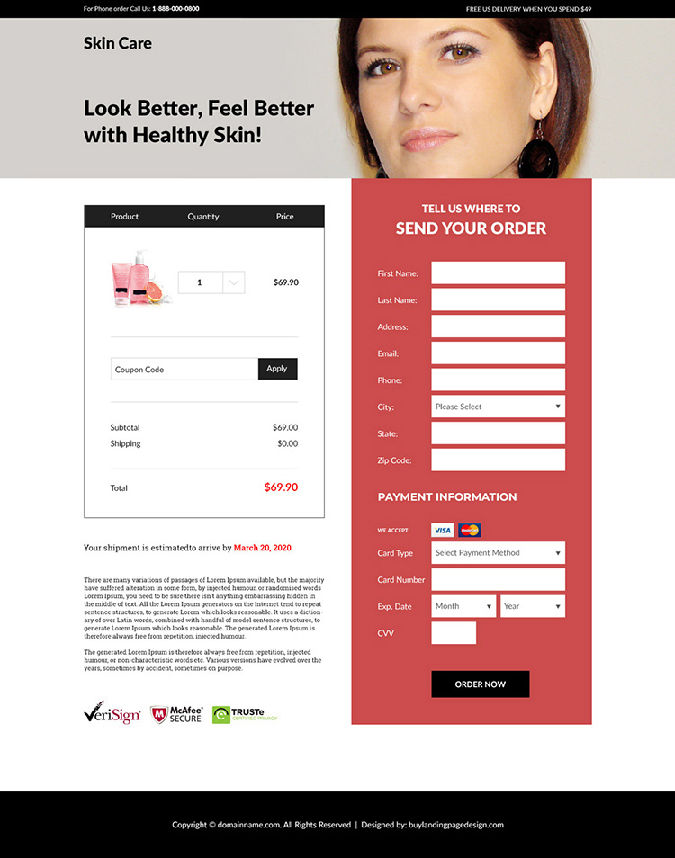 skin care product responsive landing page design