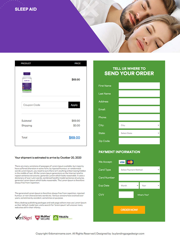 sleeping supplement responsive landing page design