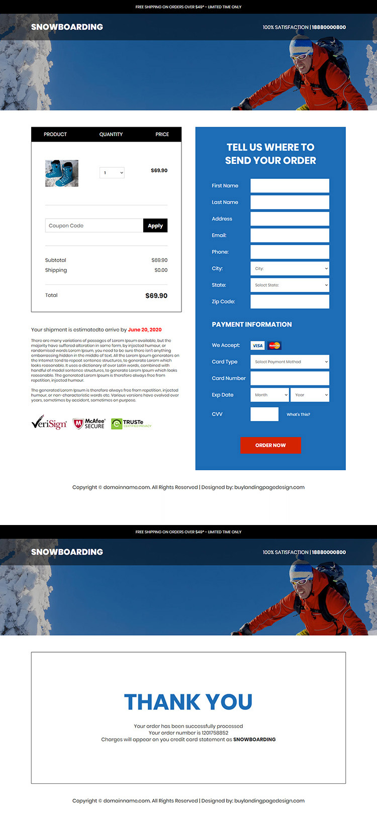 snowboarding products responsive ecommerce landing page design