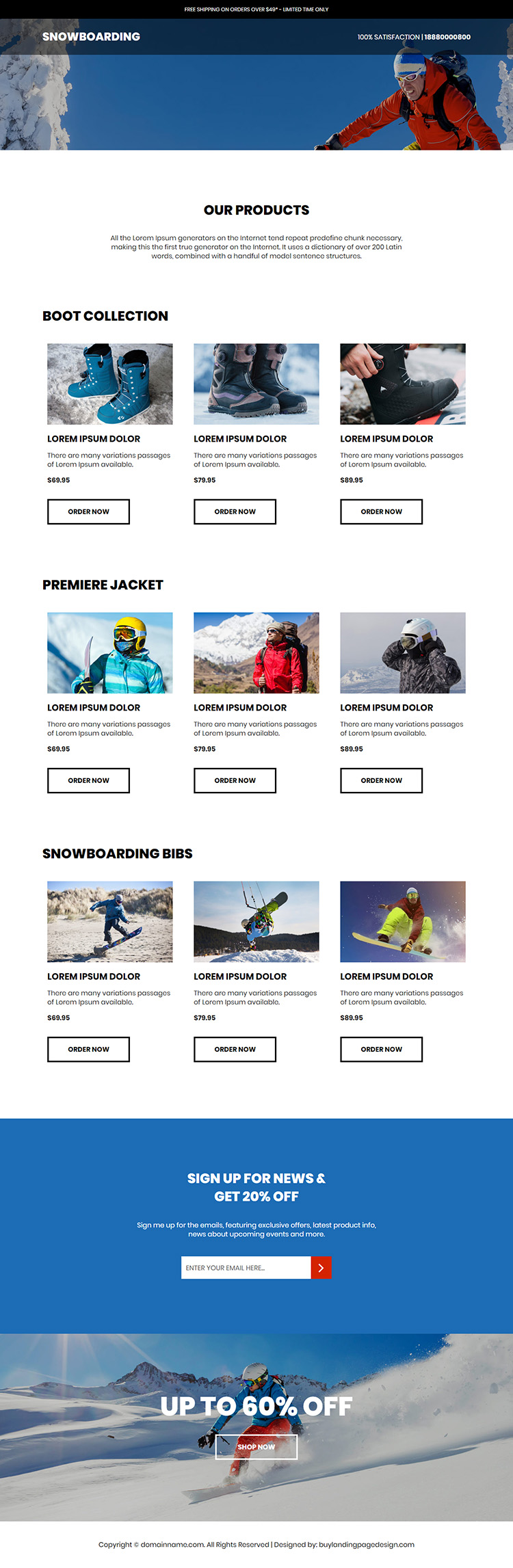 snowboarding products responsive ecommerce landing page design