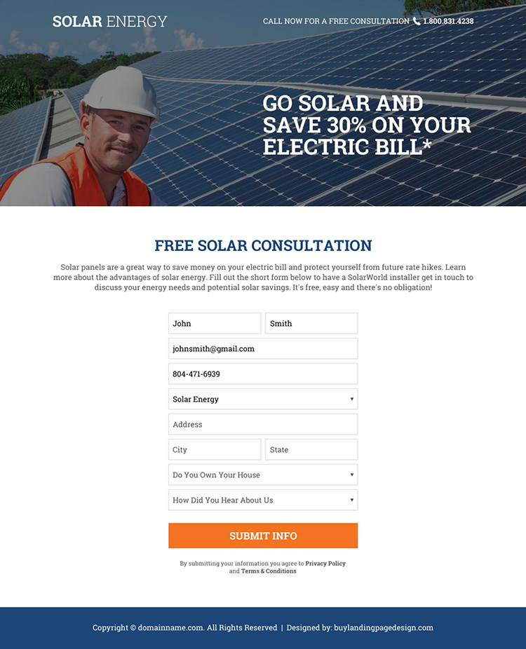 solar energy free consultation lead capturing responsive landing page