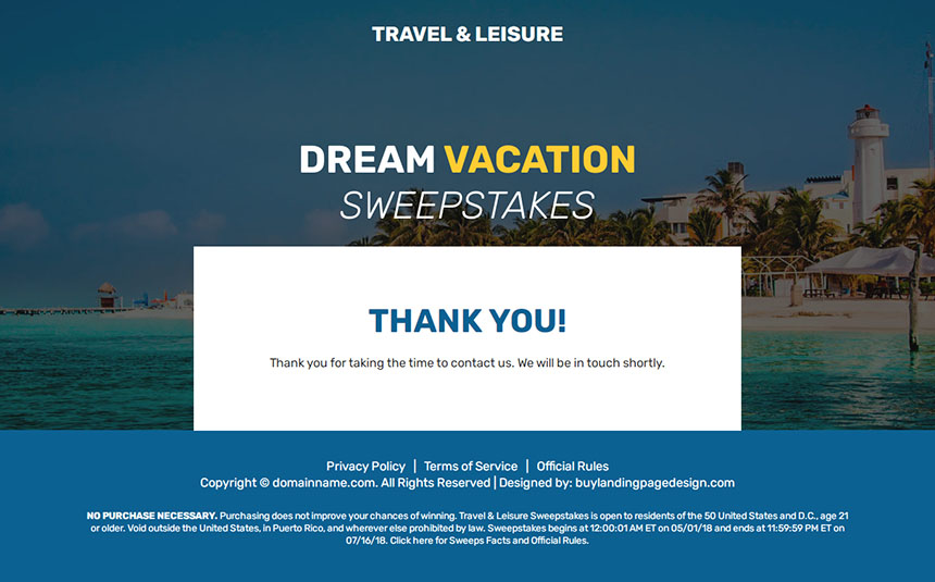 dream vacation sweepstake landing page