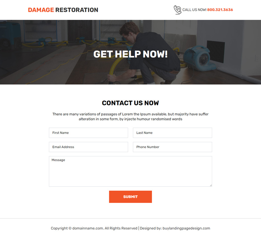 emergency damage restoration service lead capture landing page