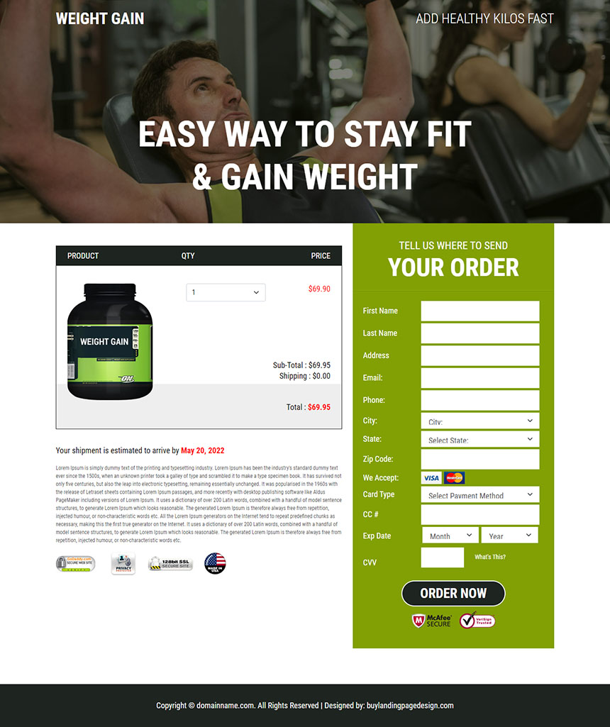 mass and weight gain supplement responsive landing page