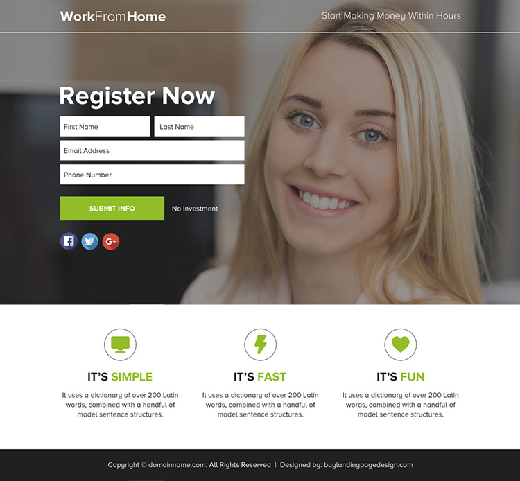 work from home lead funnel responsive landing page design